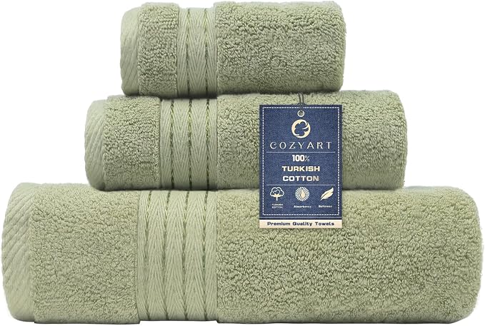 COZYART Luxury Bath Towel Set 3 PCS, Sage Green 100% Turkish Cotton 650 GSM | OEKO-Tex 100 Certified Zero Twist Ring Spun, Soft Absorbent Quick Dry, Plush Fluffy, Breathable Hotel Quality for Daily Use