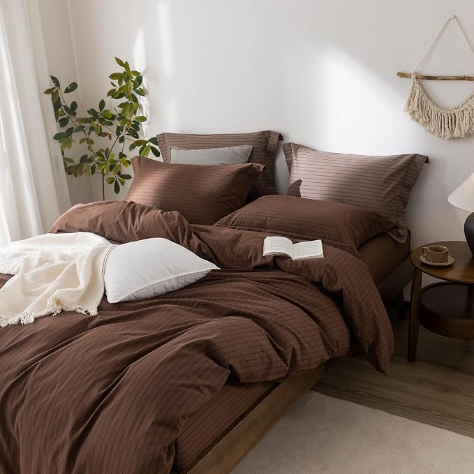 Stripe Duvet Cover Queen Size 90inch x 90inch,100% Washed Cotton Pinstripe Duvet Cover with Zipper Closure and 2 Pillowcases, Color of Cocoa Brown-Black Stripe