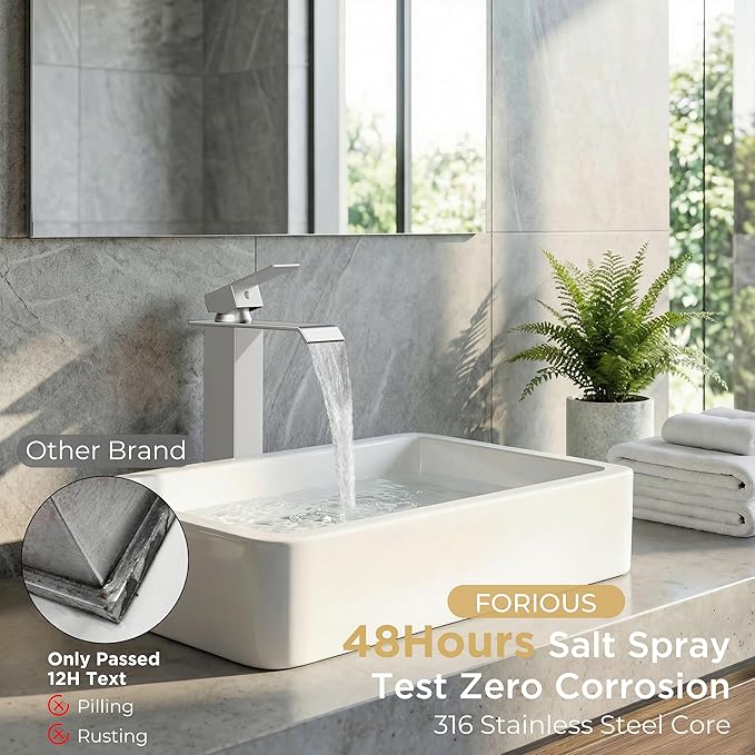 FORIOUS Vessel Bathroom Sink Faucets 1 Hole Brushed Nickel, Tall Waterfall Bathroom Faucet Single Handle with Pop Up Drain and Supply Lines, Deck Mount