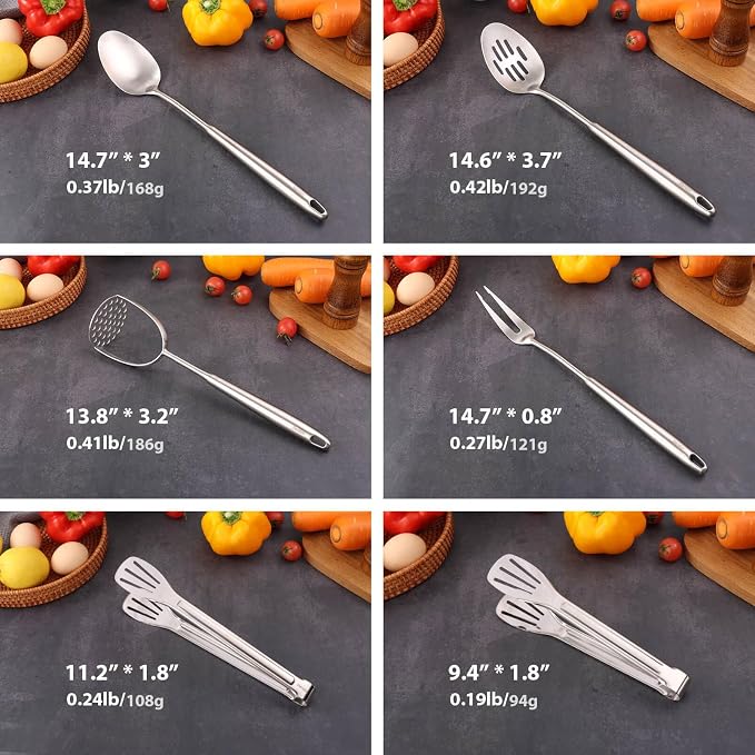 18/10 Stainless Steel Kitchen Utensils Set - 12 PCS All Metal Cooking Tools | 15″ Cooking Utensils - Potato Masher, Meat Fork, Tongs, Turner, Pasta, Serving Spoon, Skimmer, Ladle, Spatula Spoon Set