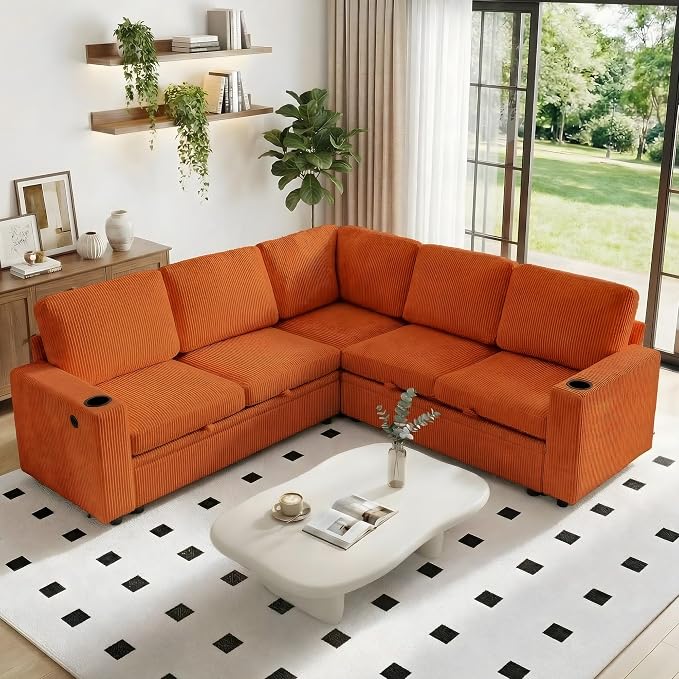 L-Shaped Sectional Sleeper Sofa with Pull Out Bed, Orange | Plush Corduroy Modular Couch with Storage, USB Charging, Cup Holders – Cozy Cloud Couches for Living Room, Easy Assembly
