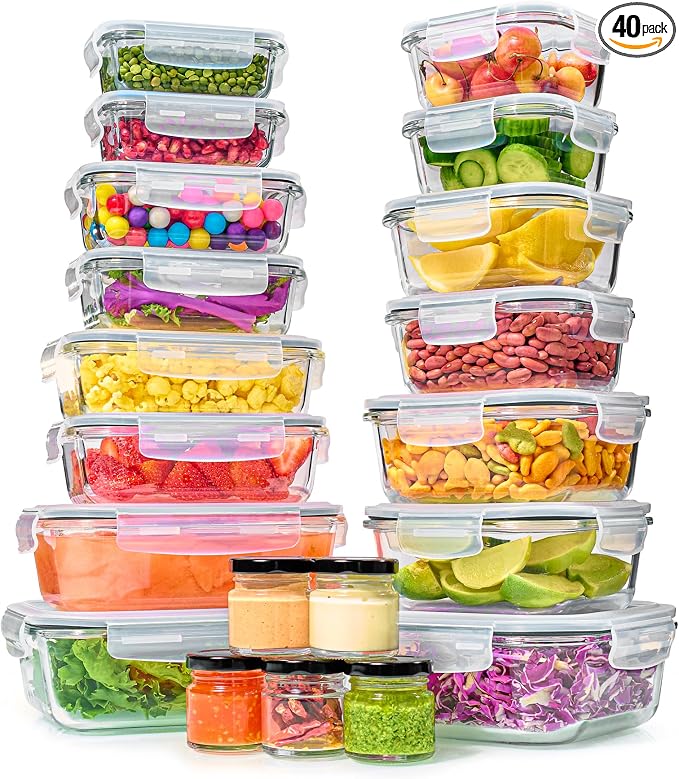 40pc Set Glass Food Storage Containers & Bowls with Airtight Lids - Leakproof BPA-Free Meal Prep Airtight Stackable Lunch Boxes, Kitchen Pantry & Storage Organizers - Microwave Freezer Dishwasher Safe