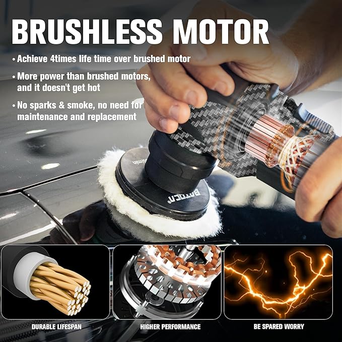 BATOCA S4 Cordless Multi-Polisher-Set, with 2Pcs 12V 2.5Ah Batteries, RO&DA Car Buffer Polisher, 1&3inch Mini Brushless Polisher for Car Detailing, Carbon Style