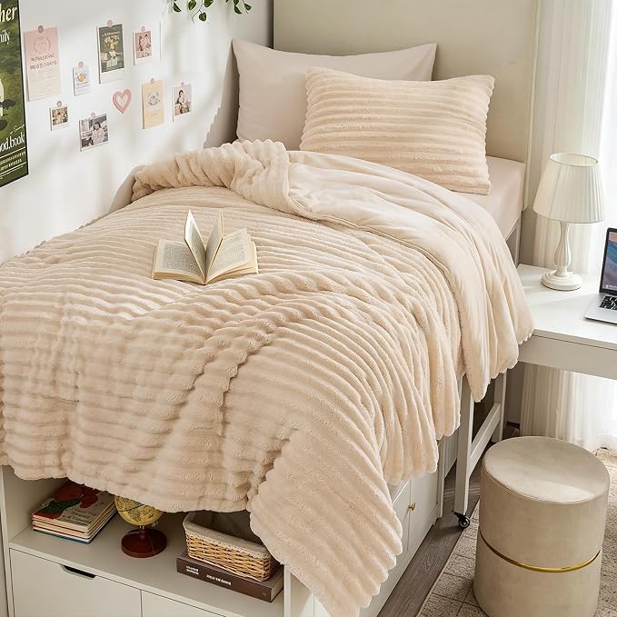 Sasttie Twin/Twin-XL Comforter Set 2 Pieces - Super Soft Fleece Comforters Twin/Twin-XL Size, 1 Luxury Warm Fuzzy Marshmallow Comforter with 1 Pillow Case, Faux Fur Bedding Set, Beige