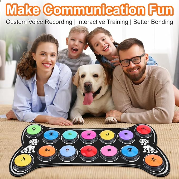 Dog Buttons for Communication,14Pcs Talking Button Set with 30s Recordable Voice Pet Training Buzzers with Mat & 2 Stickers, Talking Buttons for Dogs & Cats (Batteries Not Included)
