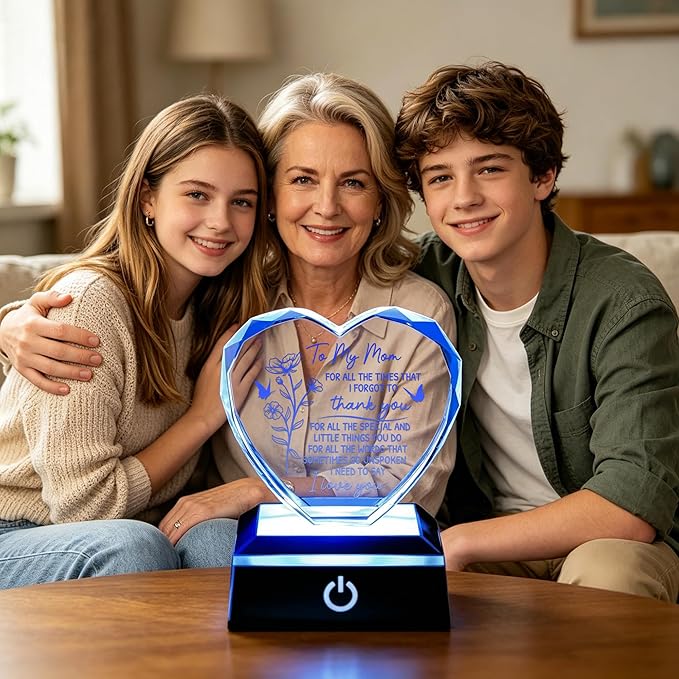 ZHSHWAT to My Mom Crystal Heart Keepsake, Engraved Crystal Gifts for Mom from Son Daughter, LED Color Changing Light Base Plaque for Mother's Day Christmas Birthday Gifts