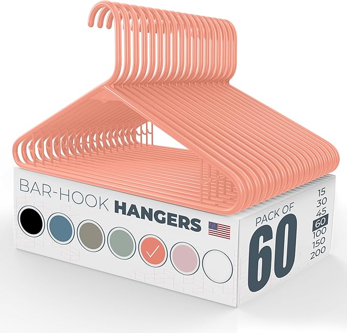 Plastic Hangers 50 Pack (60 Count) – Made in the USA – 6lb Capacity Standard Clothes Hangers with Strap Hooks for Dresses, Lingerie, Shirts, Pants, and Jackets – Peach