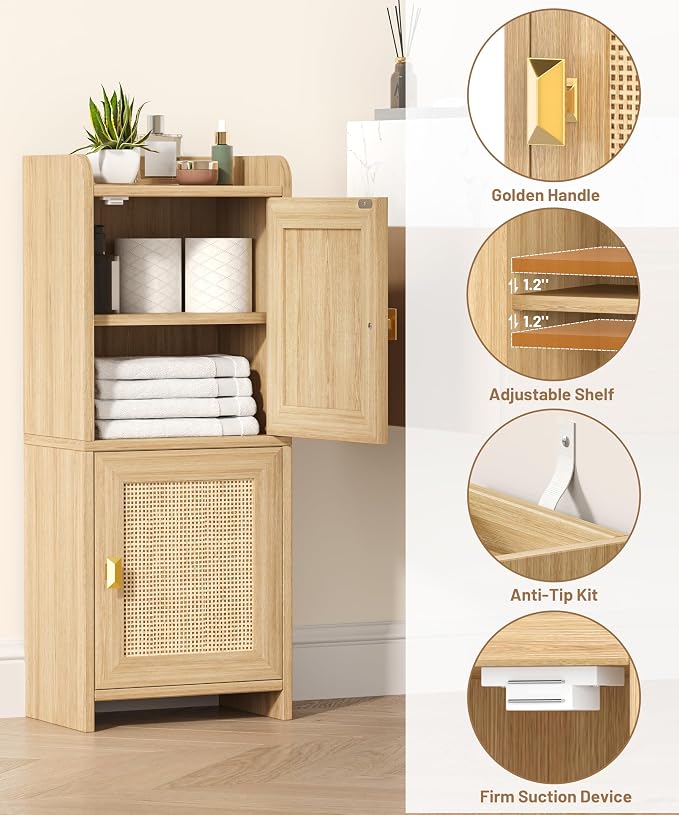 Akxomel Rattan Small Bathroom Cabinet Narrow Toilet Paper Organizer Oak | 7.9''D x 11.8''W Bathroom Organizer and Storage Cabinet for Small Space, Slim Corner Unit with Adjustable Shelf