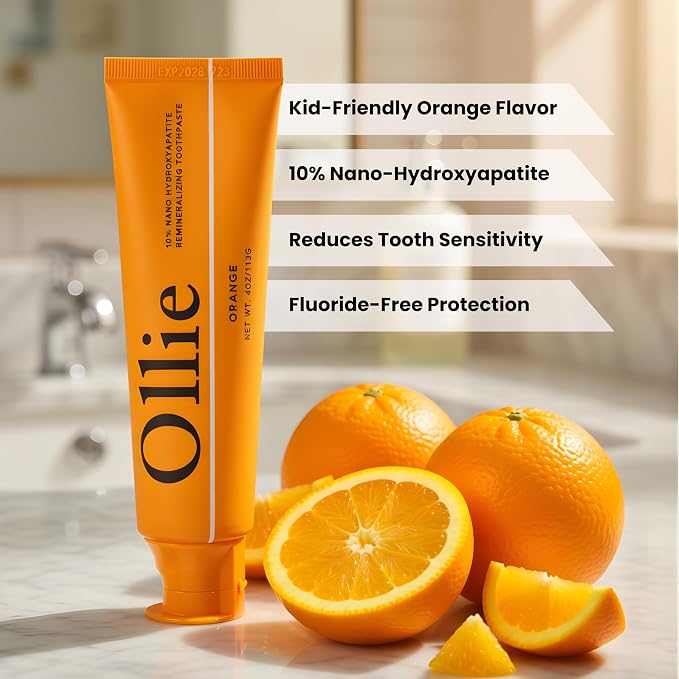 Ollie Fluoride Free 10% Nano Hydroxyapatite Toothpaste, Orange, 4oz | Rod-Shaped Nano HAP, Remineralizes Enamel, Reduces Sensitivity, Reverses Small Cavities, Naturally Whitens Teeth, (Pack of 1)