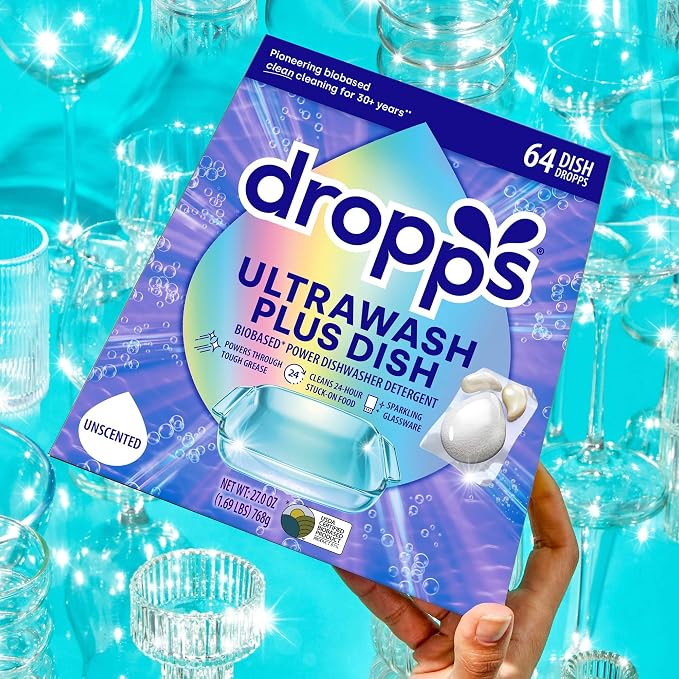 Dropps UltraWash Plus Dishwasher Detergent Pods, Unscented (64 Ct) Free & Clear | Triple Action | Built In Rinse Aid | Cuts Grease & Stuck-On Food | Sparkling Dishes | Residue-Free | Clean Ingredients