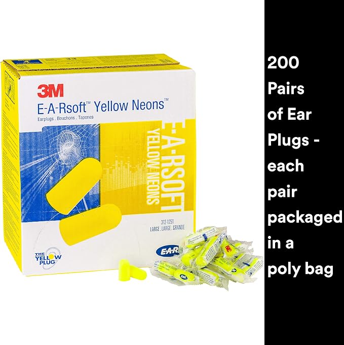 3M Ear Plugs, E-A-Rsoft Yellow Neons 315-1251, 200 Pair of Disposable Earplugs, Pairs Individually Wrapped, Slightly Longer, Uncorded, 33 NRR, Tapered Cylinder Shape, Slow Recovery Foam