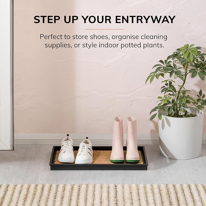 Anji Mountain Heavy Duty Waterproof Rubber Shoe Storage Mat Organizer/Boot Storage Tray Multi Use For Entryway with Coir, Tan Insert, Fits 2 Pair (24.5" Wide)