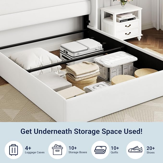 Allewie Full Size Lift Up Hydraulic Storage Bed Frame White | Modern Wingback Headboard, Hydraulic Support Storage, No Box Spring Needed