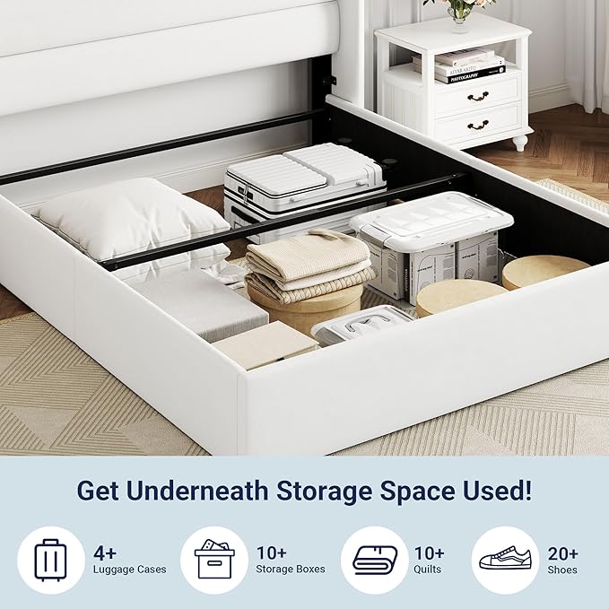 Allewie Queen Size Lift Up Hydraulic Storage Bed Frame White | Modern Wingback Headboard, Hydraulic Support Storage, No Box Spring Needed