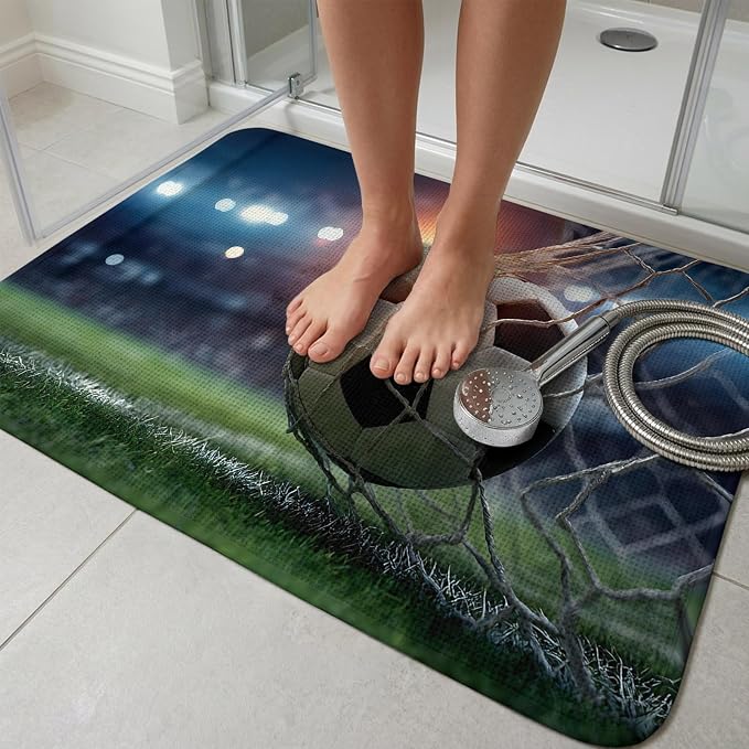Football Washable Area Rugs for Living Room Bedroom, Large Non Slip Indoor Floor Carpet Absorbent Low Pile Goal Net Soccer Sports Orange Blue Green Door Mat Rugs for Bathroom Entryway 47.2"x63"