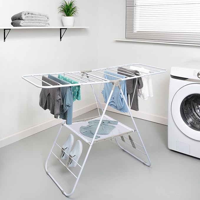 Honey-Can-Do Heavy-Duty Gullwing Clothes Drying Rack, 50 lb, White | Gullwing rack adds 46 ft of drying space with dedicated shoe bars. Sturdy metal, 50 lb capacity, folds flat.