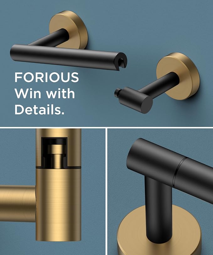 FORIOUS Toilet Paper Holder Wall Mount, Stainless Steel Rustproof Double Post Pivoting Tissue Roll Holder for Bathroom, Commercial Toilet Paper Dispenser, Matte Black & Brushed Gold