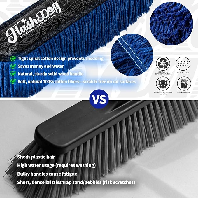 Flash Dog Car Duster Exterior & Interior Set – No Dust Scattering Auto Duster Brush with Wood Handle & Mini Brush, Wax-Treated Cotton Head, Scratch-Free Dust Remover for Car, Truck, SUV