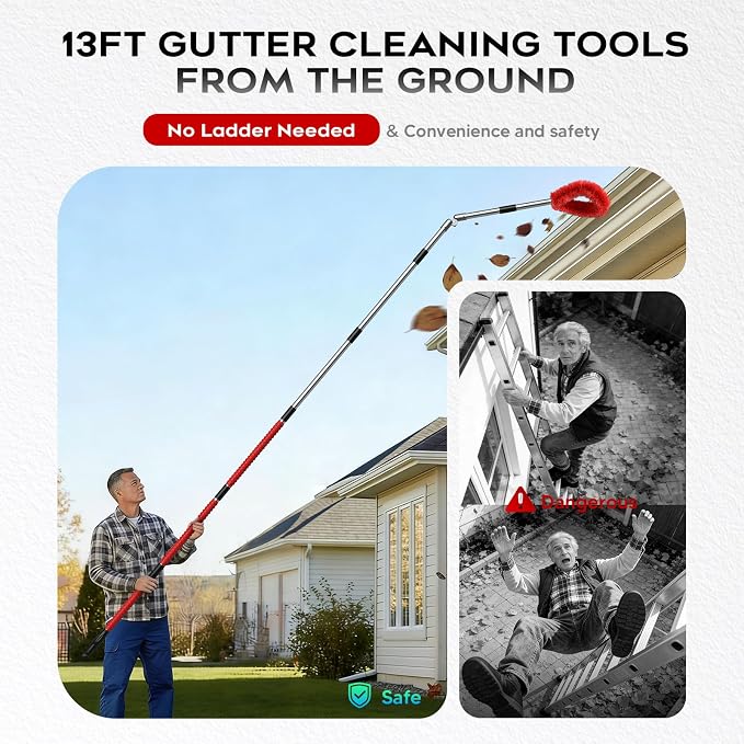 13ft Gutter Cleaning Tools From the Ground, No Ladder Needed, 3-in-1 Gutter Cleaner Pole with Replaceable Brush Rake Scoop, 180° Adjustable Angle for Leaves & Debris Cleaning with Grip Tapes, Red