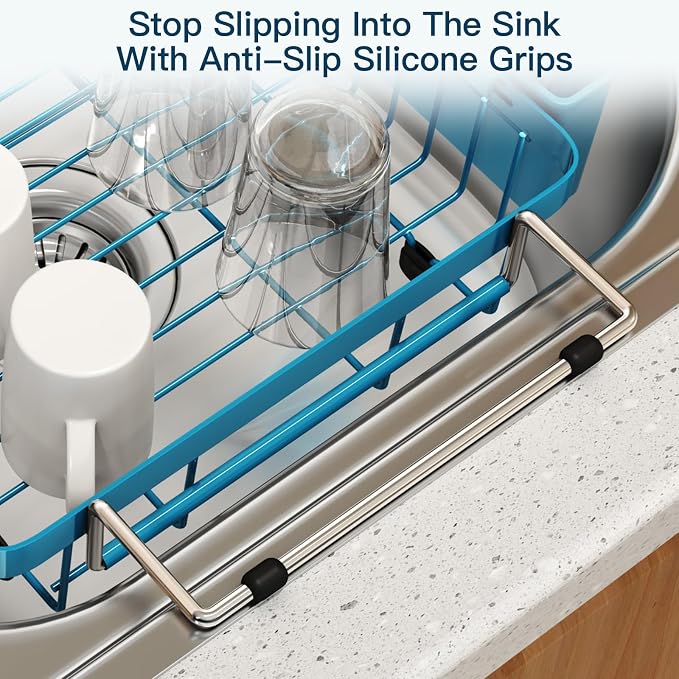 Blue Dish Drying Rack Over The Sink with Utensil Holder, Mat | Expandable Stainless Steel Dish Drainer for Small Kitchen, Apartment, RV, Counter Space Saving, Perfect Fit, Rustproof