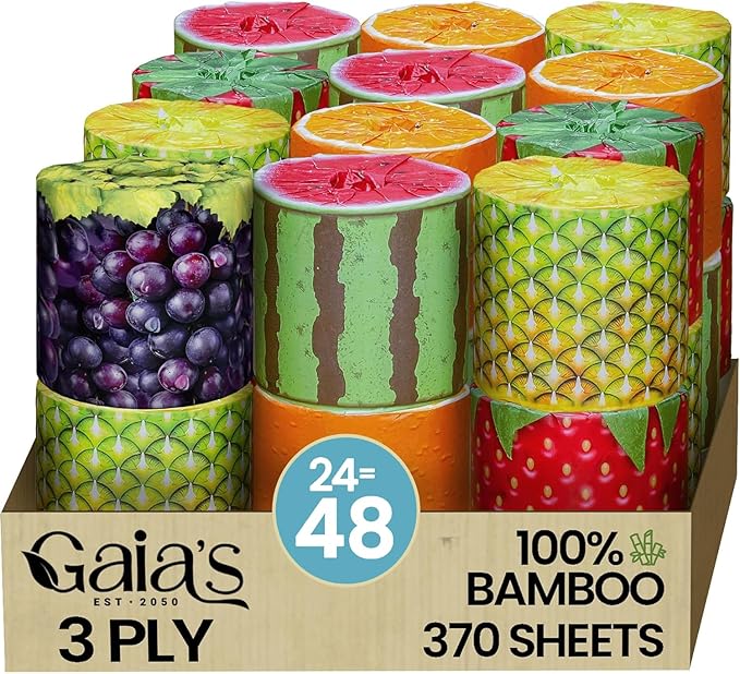 Gaias Premium and Soft Fruit TP Organic Bamboo Toilet Paper | 24 Mega Rolls, 3 Ply, 370 Sheets | FSC Certified, PFAS & BPA Free, Eco-Friendly, Sustainable Tissue - Plastic Free, Septic Safe, Vegan