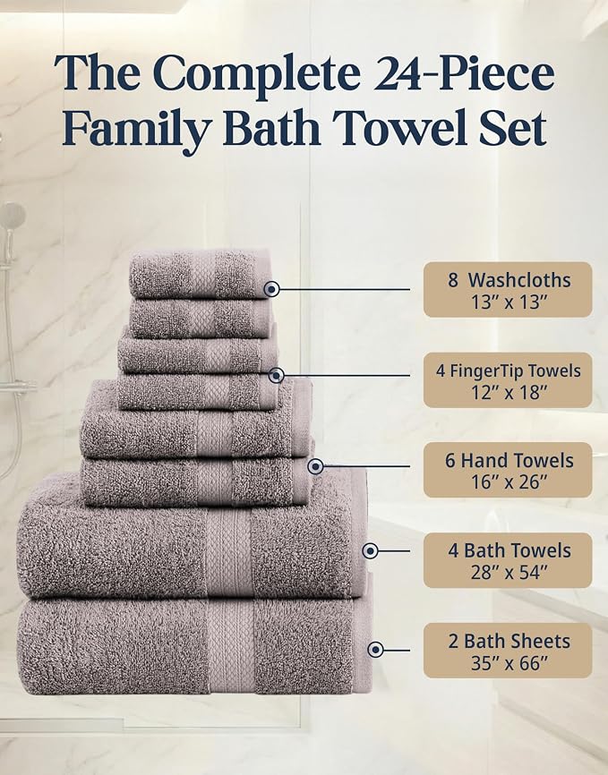LANE LINEN Bath Towel Set 100% Cotton 24 Piece Soft Absorbent - Platinum | Cotton Towel Set - Densely Woven & Soft, Easy-Care, Coordinated Colors, OEKO-TEX Certified, Ring-Spun Durability