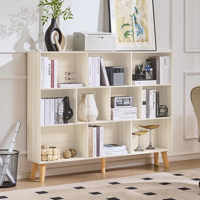 LEYAOYAO 10 Cube Bookshelf,Mid-Century Modern Bookcase with Legs,Light Grey | 3 Tier Book Shelf, 55" Wide Rustic Wood Bookshelves Large Storage Organizer, Open Shelves for Bedroom, Living Room, Office