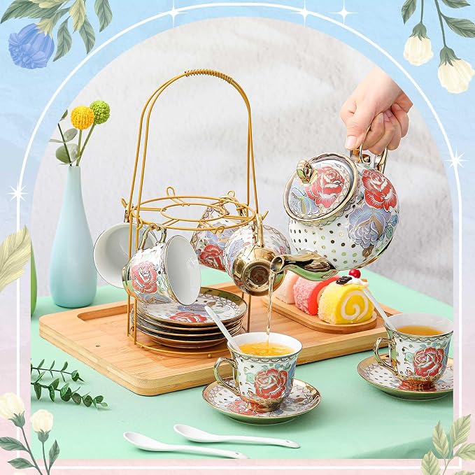 Zhehao 20 Pcs Porcelain Tea Set with Metal Holder and Spoon Adult Ceramic Tea Set European Flower Painting Teapot Cup Saucer Spoon for Women Mom Gift, Large Version (Romantic Style)