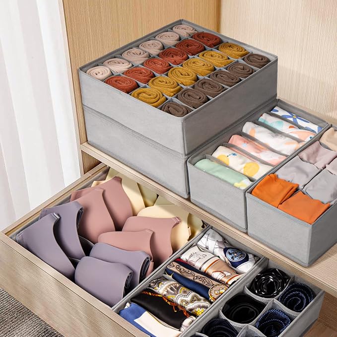 Criusia 12 Pack Sock Underwear Drawer Organizer Dividers, 116 Cells Fabric Foldable Dresser Closet Organizers and Storage Bins for Baby Clothing, Women Men Underwear Socks, Bra, Ties, Scarf