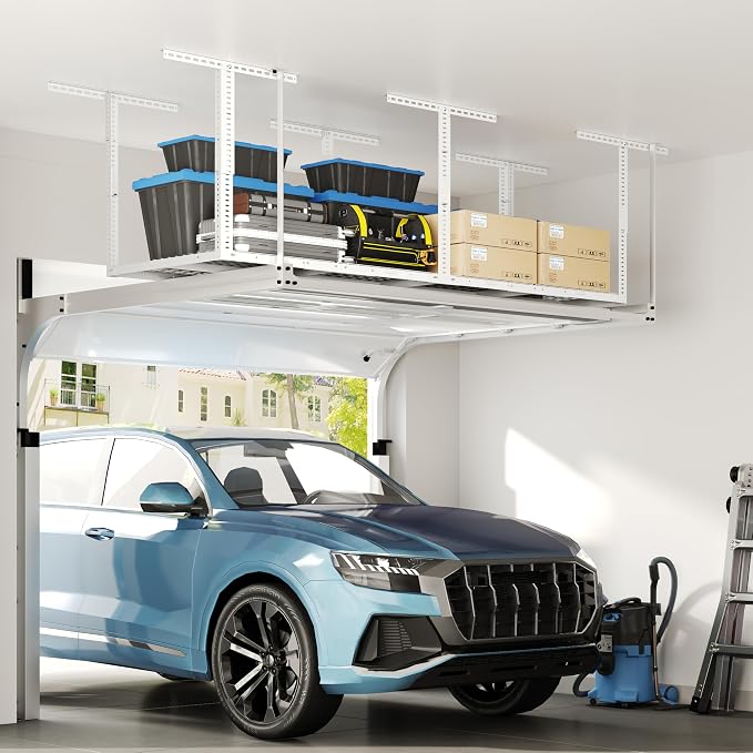 FLEXIMOUNTS 3x8 Overhead Garage Ceiling Storage Rack Organization, White | 750lbs Weight Capacity, 22"-40" Adjustable Organization System, Heavy-Duty Metal Ceiling Racks, Classic Series
