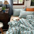mixinni Retro Mint Blue Striped Duvet Cover Set - 100% Natural Cotton 3-Piece Vintage Stripes Pattern Printed Bedding Set, Soft Breathable Comforter Cover with Zipper Closure & Corner Ties, King Size