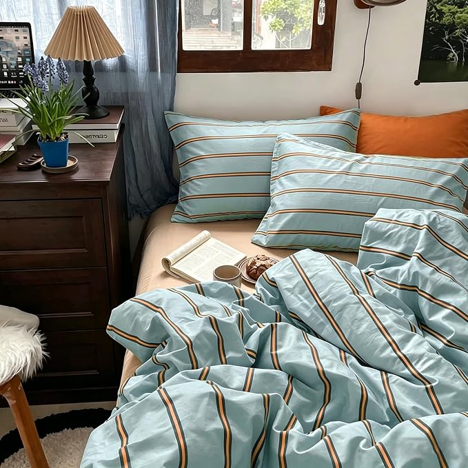 mixinni Retro Mint Blue Striped Duvet Cover Set - 100% Natural Cotton 3-Piece Vintage Stripes Pattern Printed Bedding Set, Soft Breathable Comforter Cover with Zipper Closure & Corner Ties, Queen Size