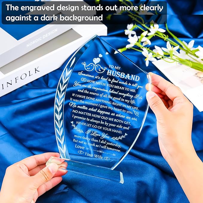 QIANWEI Fathers Day Unique Gifts for Husband from Wife Romantic Glass Plaque, Best Husband Birthday Gifts Wedding Anniversary To My Husband Present for Christmas Valentines Day