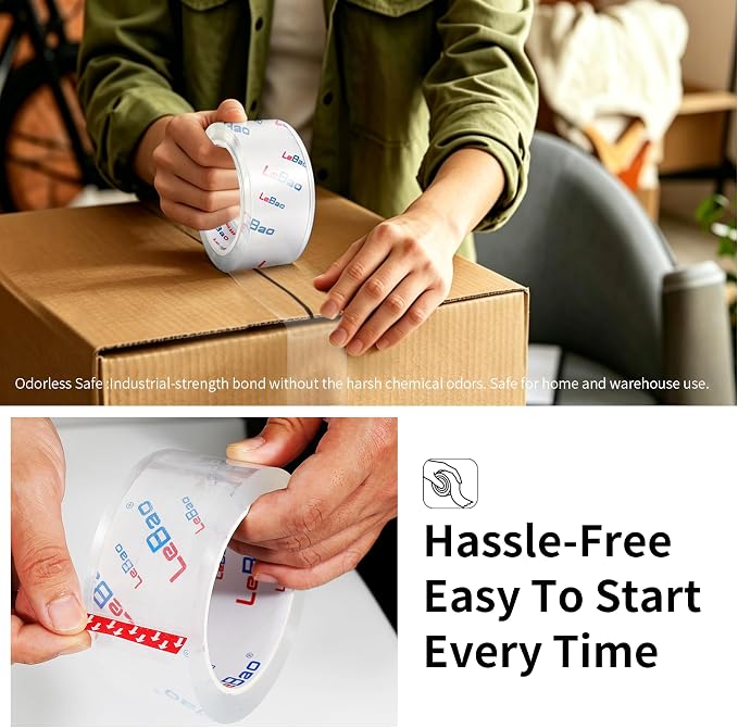 Heavy-Duty Packaging Tape with Dispenser, 6 Rolls Packing Tape, 2 inch x 66 yd. x 2.8 mil per roll, Strong Adhesive HD Clear Package Tape for Pack Boxes Shipping Supplies Moving