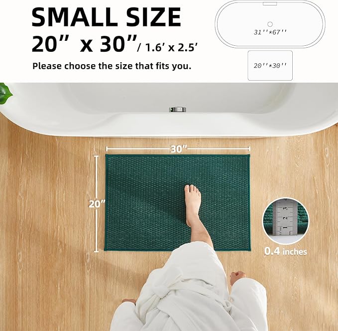 TYUU Bathroom Rugs Non Slip Washable, Super Absorbent Thin Bath Mat Small Quick Dry Low Pile Bathroom Rug, Dark Green 20"x30"