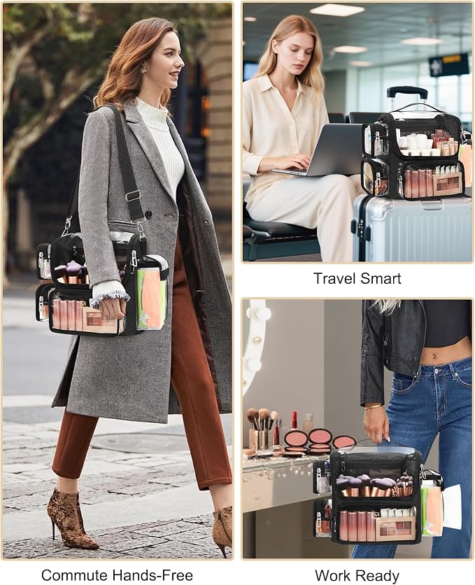 TANTO Makeup Brush Bag, Makeup Artist Bag Clear Makeup Case Professional Large Cosmetic Organizer Bag Portable Cosmetic Train Case with Adjustable Dividers & Shoulder Strap Easy to Clean
