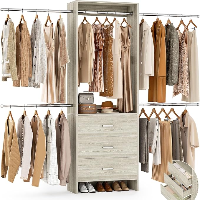 Aheaplus Closet System, Closet Organizer with 3 Wooden Drawers, Closet Organizer System, Walk-in Closet Wardrobe Clothes Rack with 4 Hanging Rods, Garment Rack, -4R,White Oak