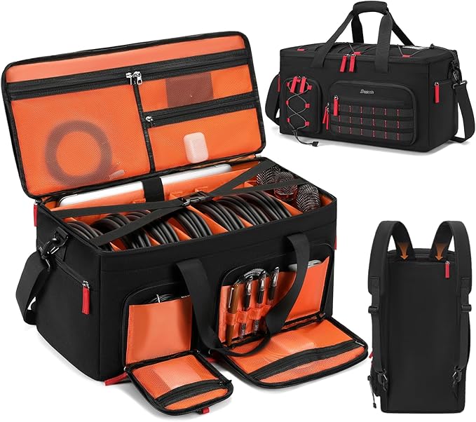 DJ Cable Gig Bag for Equipment, DJ Cable Organizer Backpack with Detachable Dividers and Padded Bottom, DJ Mixer Bag for Music Gear Accessories with 15.6'' Laptop Compartment (Black)