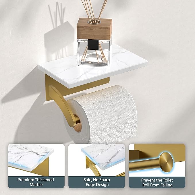 FORIOUS Toilet Paper Holder with Phone Shelf, Natural Marble Wall Mount Tissue Roll Holder for Bathroom, Washroom, 304 Stainless Steel Commercial Toilet Tissue Dispensers with Shelf, Brushed Gold