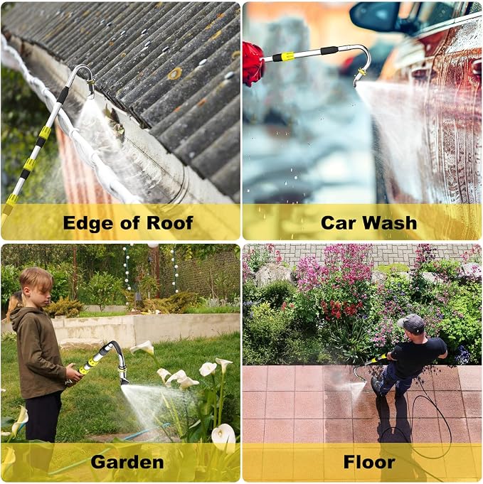 Buyplus 16FT(24FT Reach) Telescopic Gutter Cleaning Tools from The Ground, Rain Gutter Cleaners Tool with 360°Rotatable Metal Nozzle, Extension Pole, Hose Attachment, Watering Wand for Garden Hose