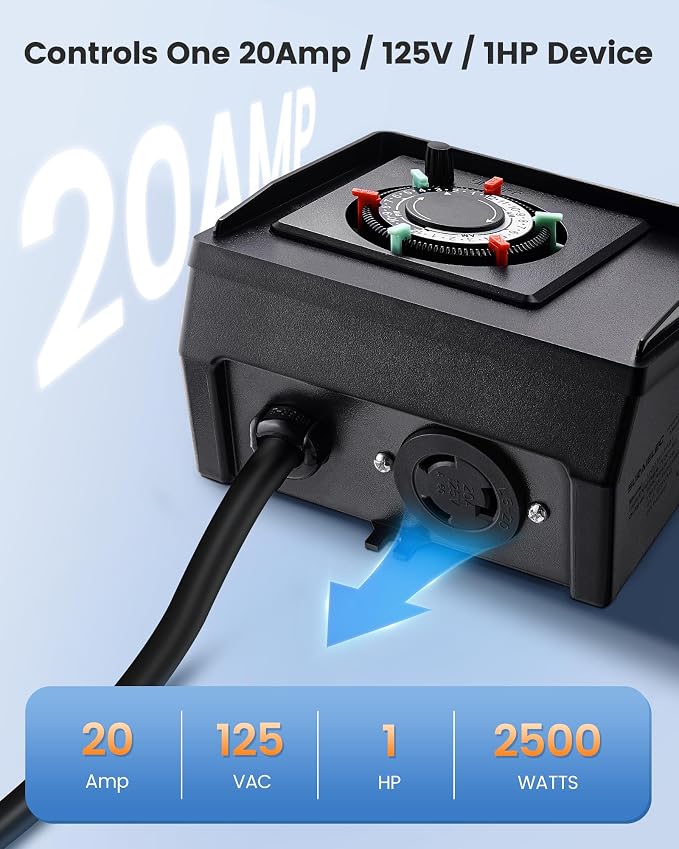 SURAIELEC Mechanical Pool Timer for Above Ground Pools, NEMA L5-20R Twist-Lock Plug-in Pool Timer, 20A 125V 1HP, Up to 3 Daily Settings, Weatherproof Cover, for Pumps, Heaters, Fountains and Lighting