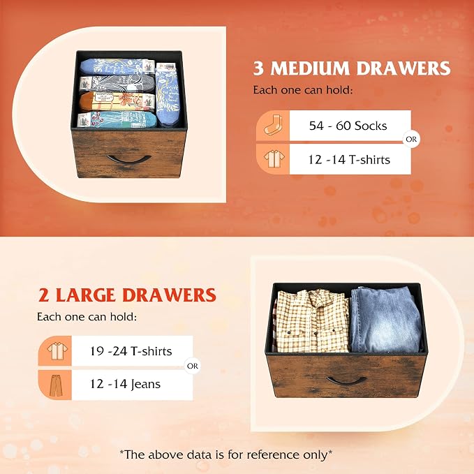 WLIVE 5 Drawer Dresser for Bedroom, Wide Chest of Drawers, Rustic Brown | 5 roomy fabric drawers, Wide low-profile design, Bedroom or closet use, Sturdy steel frame, Smooth wood tabletop
