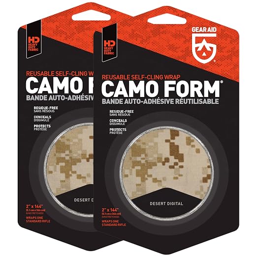 GEAR AID Camo Form Self-Cling and Reusable Fabric Camouflage Wrap, Adds Grip and Shield Hands from Hot or Cold Surfaces to Protect You and Your Equipment, Desert Digital, 2” x 144” Roll, 2 Pack