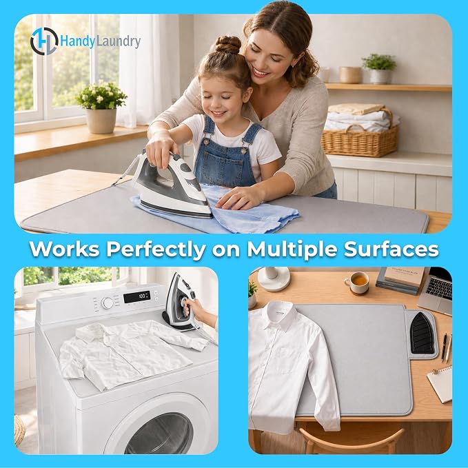 Handy Laundry Portable Ironing Mat - Easily Change Any Flat Surface into an Ironing Board. Features Silicone Slip Resistant Iron Rest to Safely Place Your Hot Iron. Easy to Take Along When Traveling.
