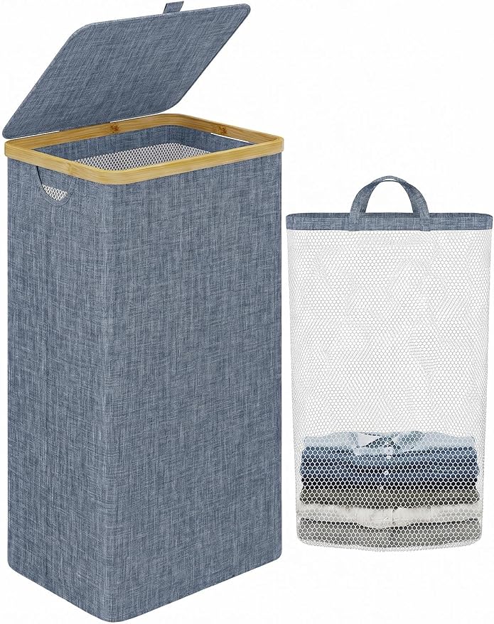 iEGrow Laundry Basket with Lid, 110L Large Laundry Hamper with Banboo Handle, Dirty Clothes Hamper with Removable Inner Bag for Laundry Room Organization- Blue