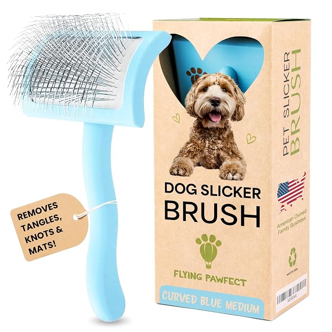 Pet Slicker Brush With Soft Massage Grooming Stainless Steel Pins - For Dematting, Shedding Fur, and Undercoat - Ideal Gift for Professional Pet Groomers - Long Slicker Brush (Blue, Curved Medium)