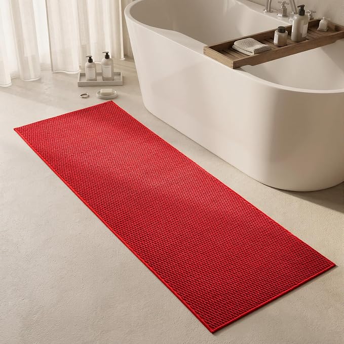 Triohero Bathroom Runner Rugs, Long Bath Mat Runner Washable Thin Quick Dry Low Pile Bathroom Runner Rugs Non Slip, Red 24"x70"