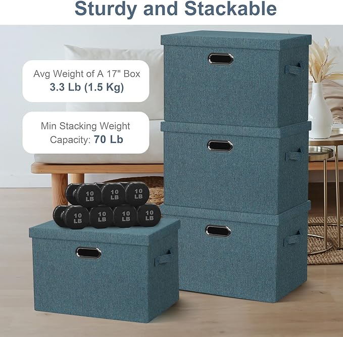 Graciadeco Large 17" 36 Quart Collapsible Stackable Storage Bins with Lids, 3 Packs Blue-Green Linen Fabric Closet Boxes with Lids, Storage Cube Baskets Container Organizers for Bedroom (17x12x11)