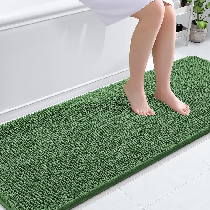 OLANLY Bathroom Runner Rugs 70x24, Soft Absorbent Chenille Bath Rugs, Rubber Backing Quick Dry, Machine Washable Long Bath Mats for Bathroom Floor, Tub and Shower, Home Decor Accessories, Olive Green