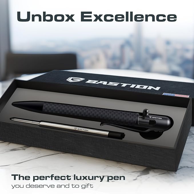 BASTION Bolt Action Pen, Carbon Fiber Jet Black, HyperBolt EDC Pen, Refillable Lightweight Writing Pen, Premium Graduation Gift, Executive Pocket Pen